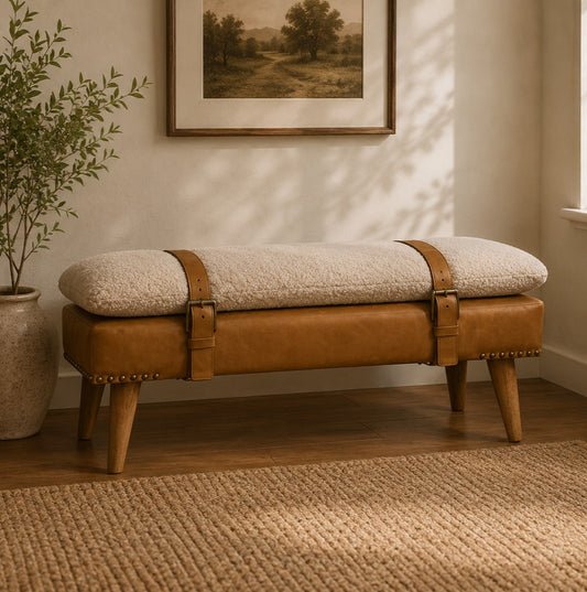Bouclé Montauk Buffalo Hide Tan Leather Bench