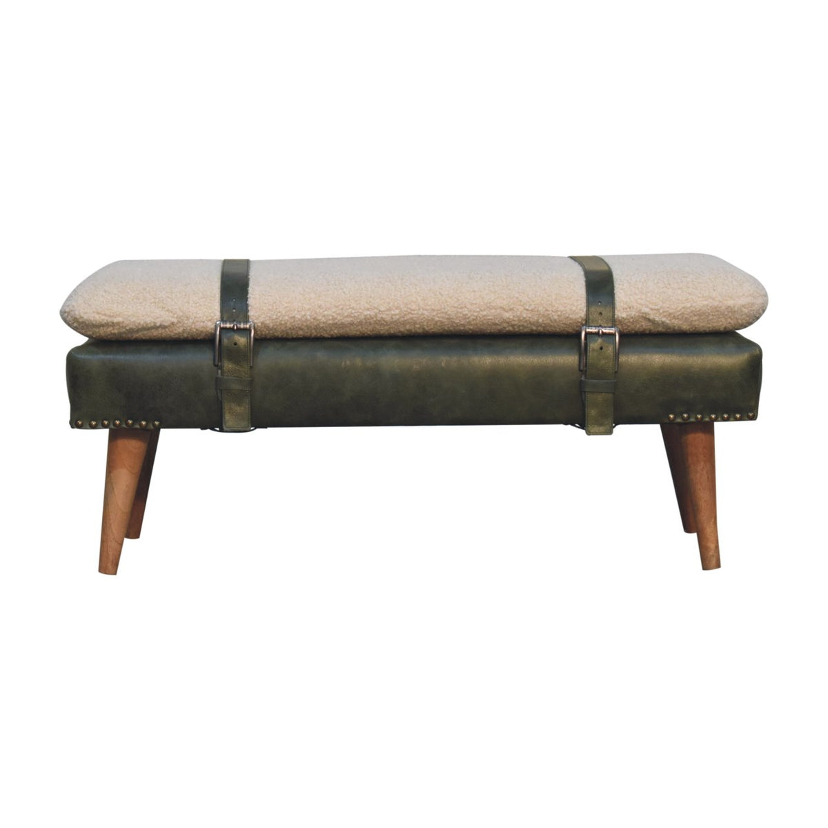 Bouclé Montauk Buffalo Hide Olive Leather Bench
