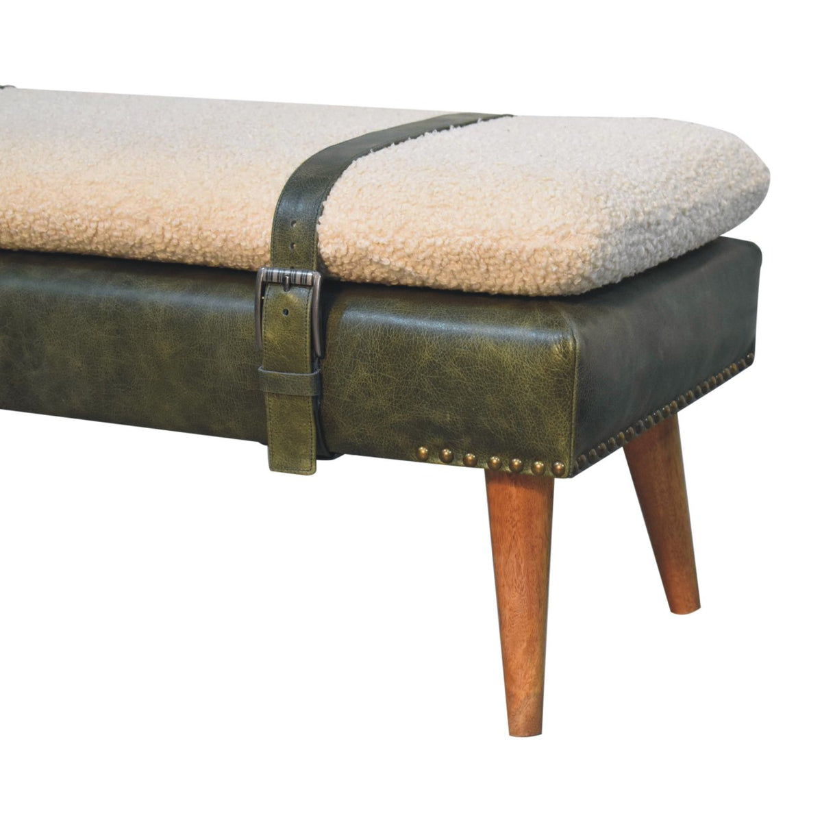 Bouclé Montauk Buffalo Hide Olive Leather Bench