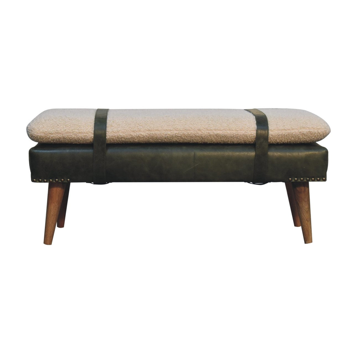 Bouclé Montauk Buffalo Hide Olive Leather Bench