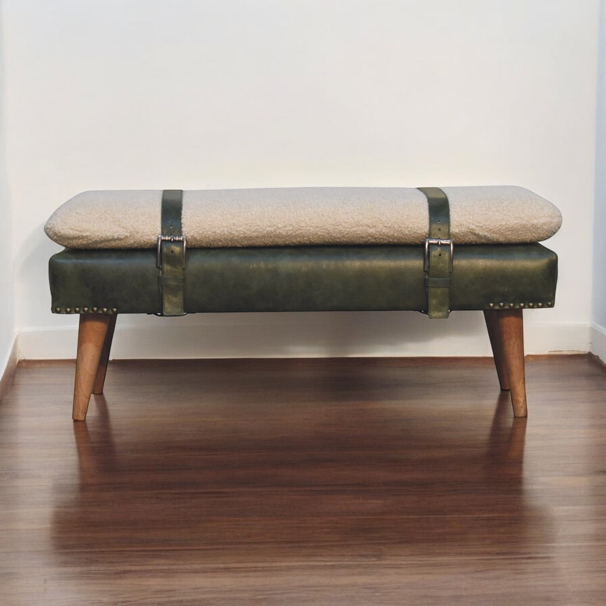 Bouclé Montauk Buffalo Hide Olive Leather Bench
