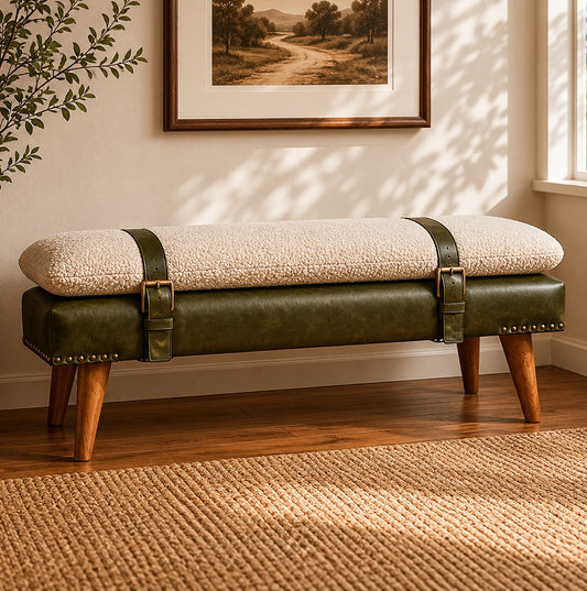 Bouclé Montauk Buffalo Hide Olive Leather Bench