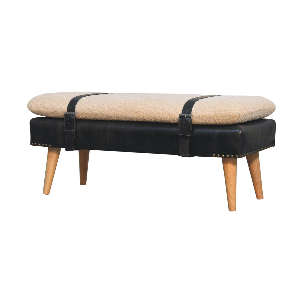 Bouclé Montauk Buffalo Hide Black Leather Bench