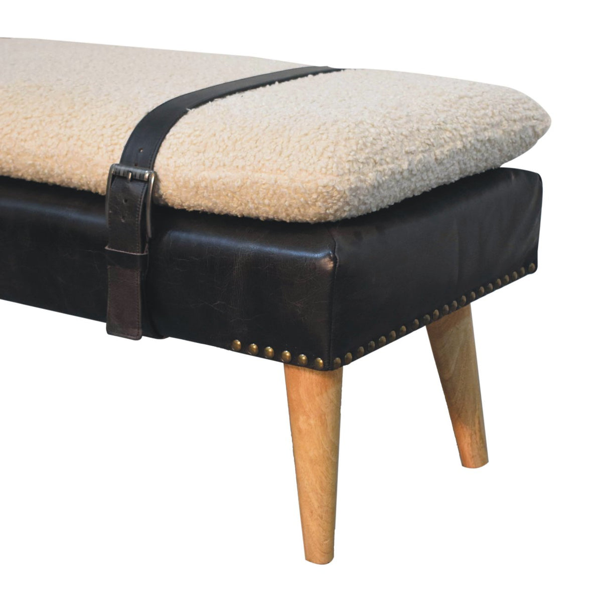 Bouclé Montauk Buffalo Hide Black Leather Bench