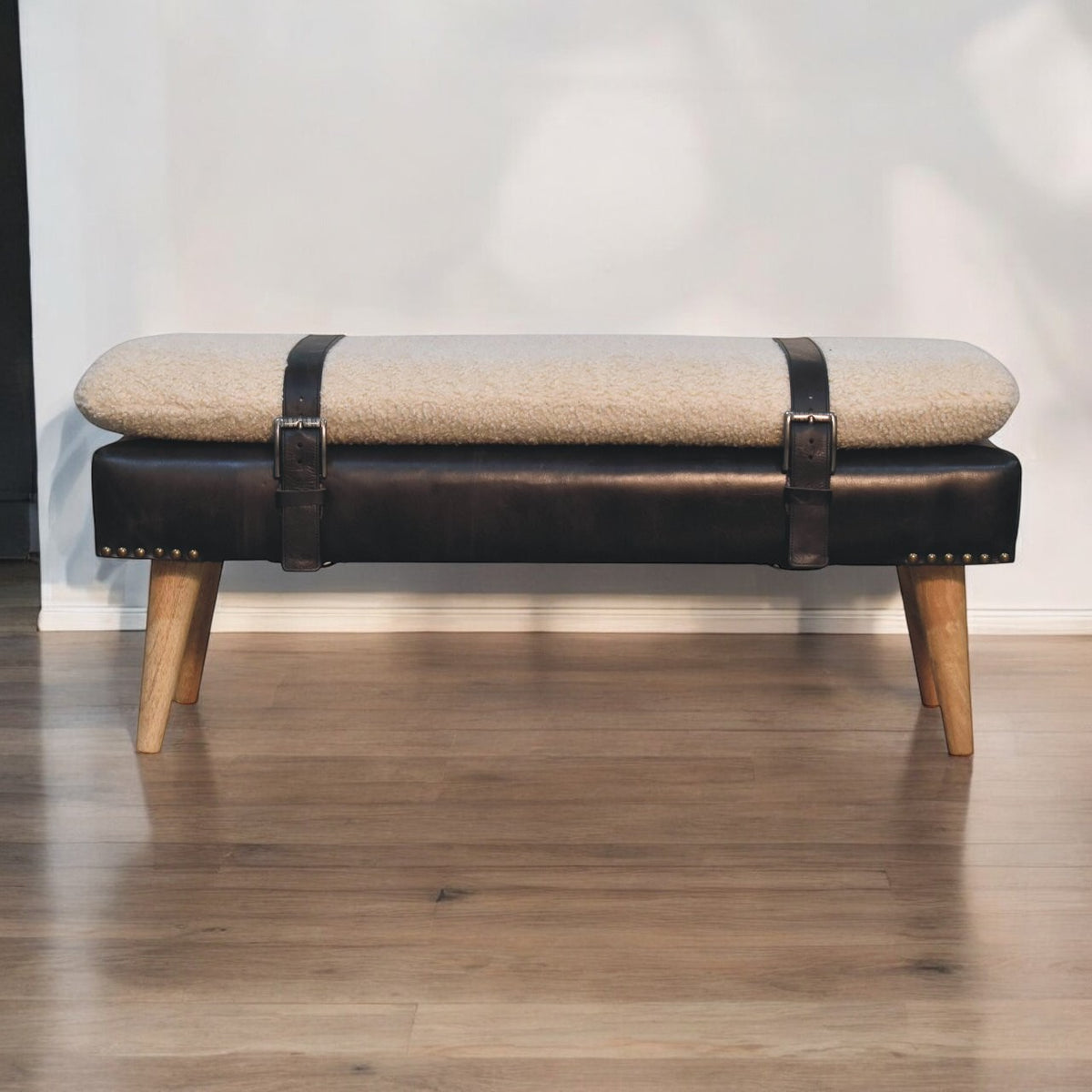Bouclé Montauk Buffalo Hide Black Leather Bench
