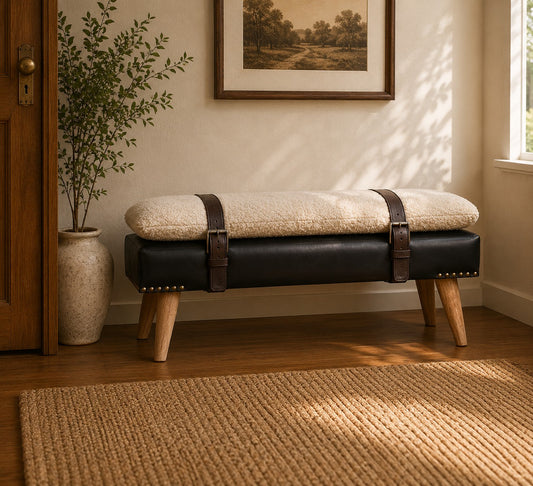 Bouclé Montauk Buffalo Hide Black Leather Bench