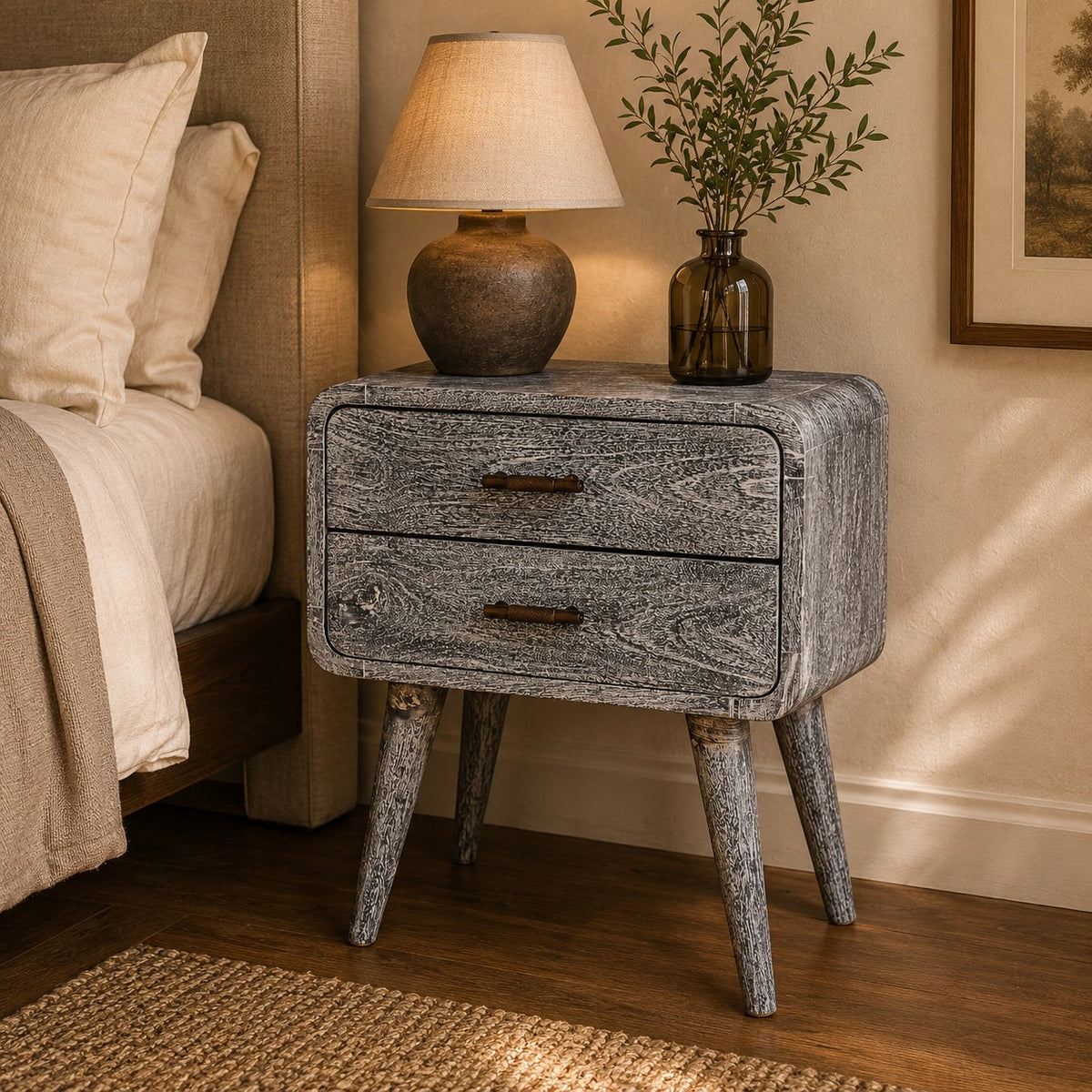 Bodie Wash Curved 2 Drawer Nightstand Table