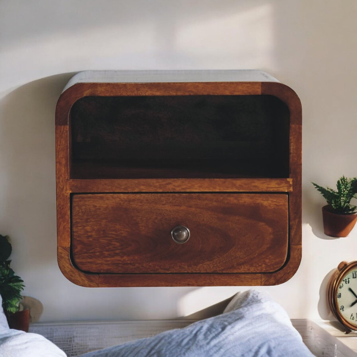Extra Small Chestnut Curved Wall Nightstand