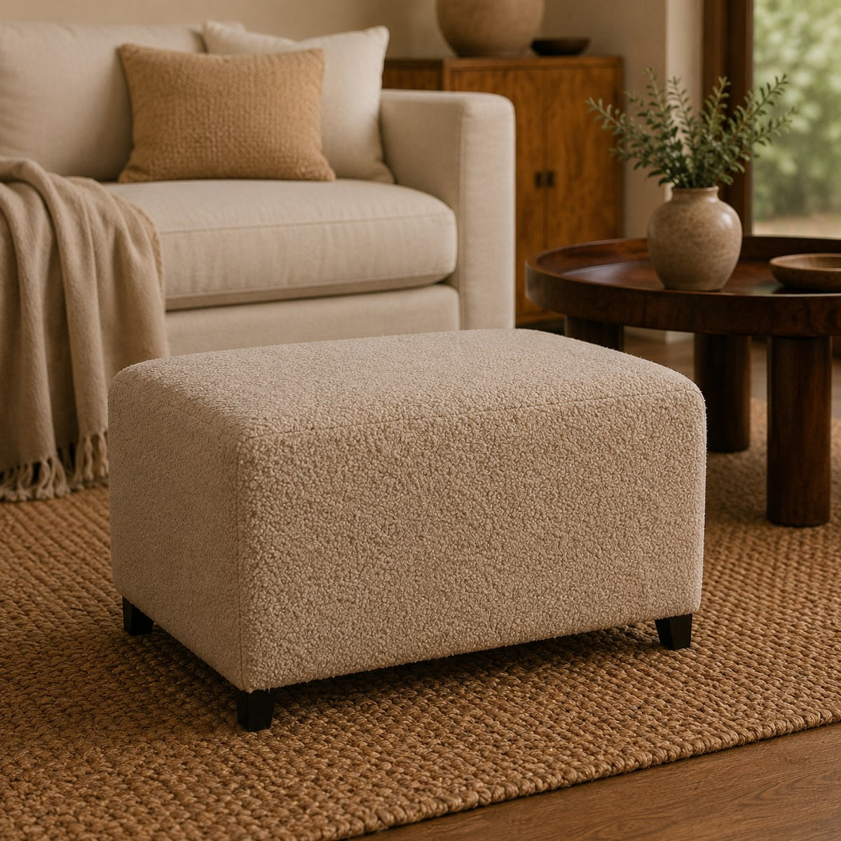 Bouclé Montauk Bliss Cream Solid Wood Ottoman