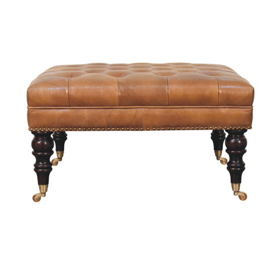 Sutton Buffalo Leather Studded Tan Ottoman with Castor Legs