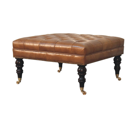 Sutton Buffalo Leather Studded Tan Ottoman with Castor Legs