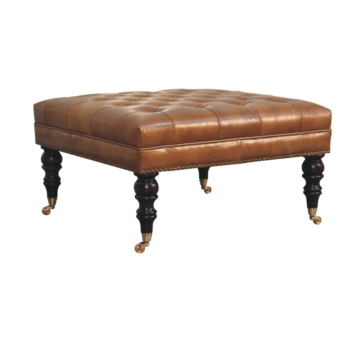 Sutton Buffalo Leather Studded Tan Ottoman with Castor Legs