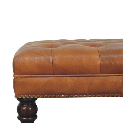 Sutton Buffalo Leather Studded Tan Ottoman with Castor Legs