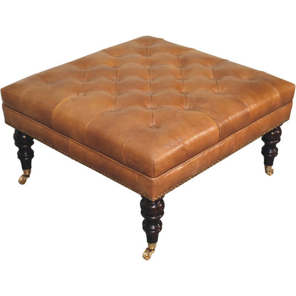 Sutton Buffalo Leather Studded Tan Ottoman with Castor Legs