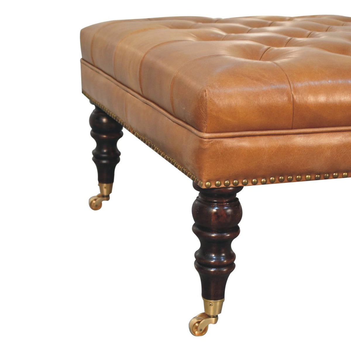Sutton Buffalo Leather Studded Tan Ottoman with Castor Legs