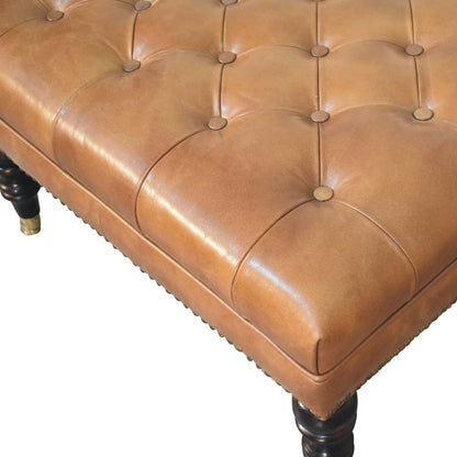 Sutton Buffalo Leather Studded Tan Ottoman with Castor Legs