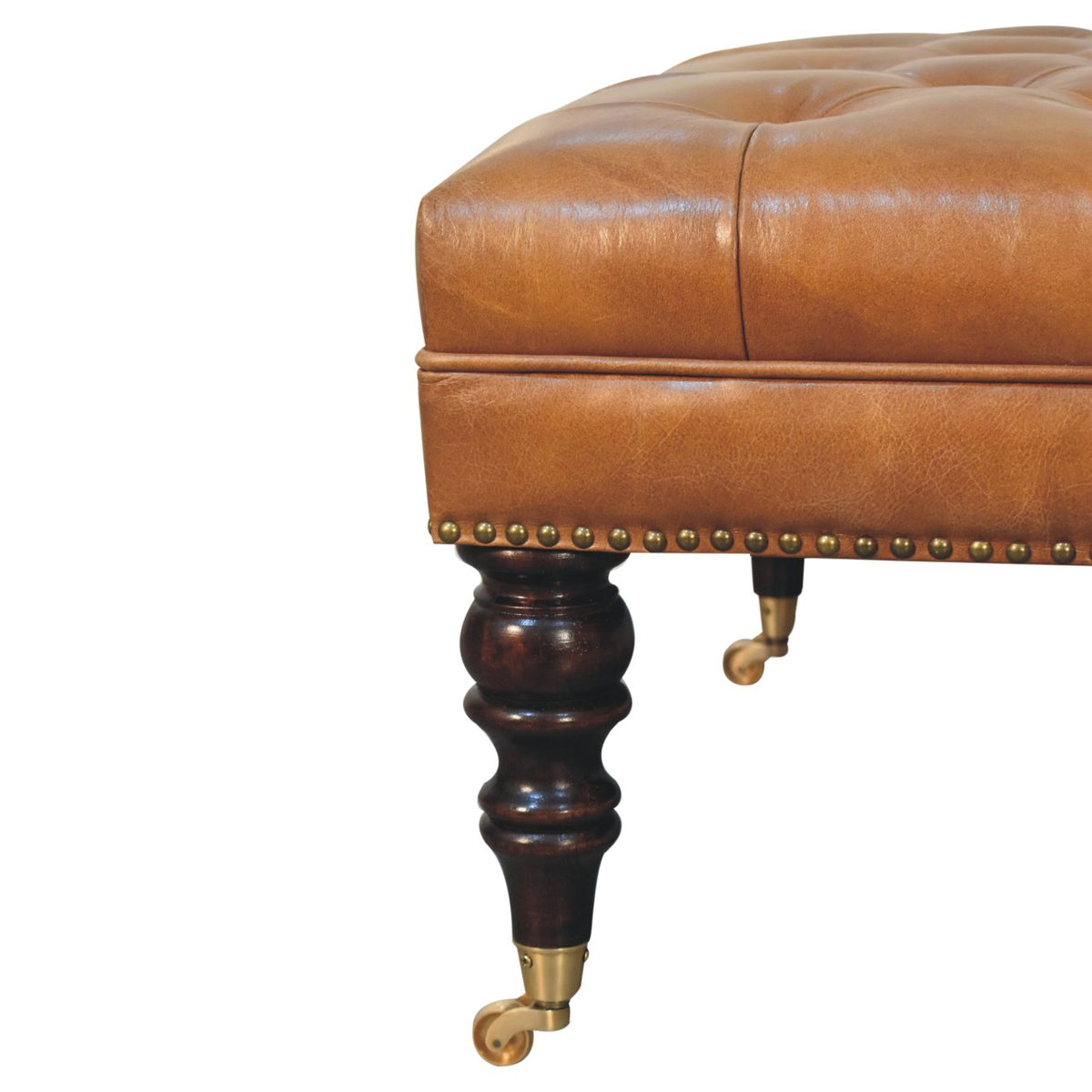 Sutton Buffalo Leather Studded Tan Ottoman with Castor Legs