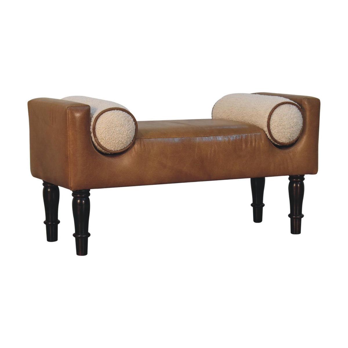 Sutton Buffalo Leather Bench with Round Bouclé Cushions