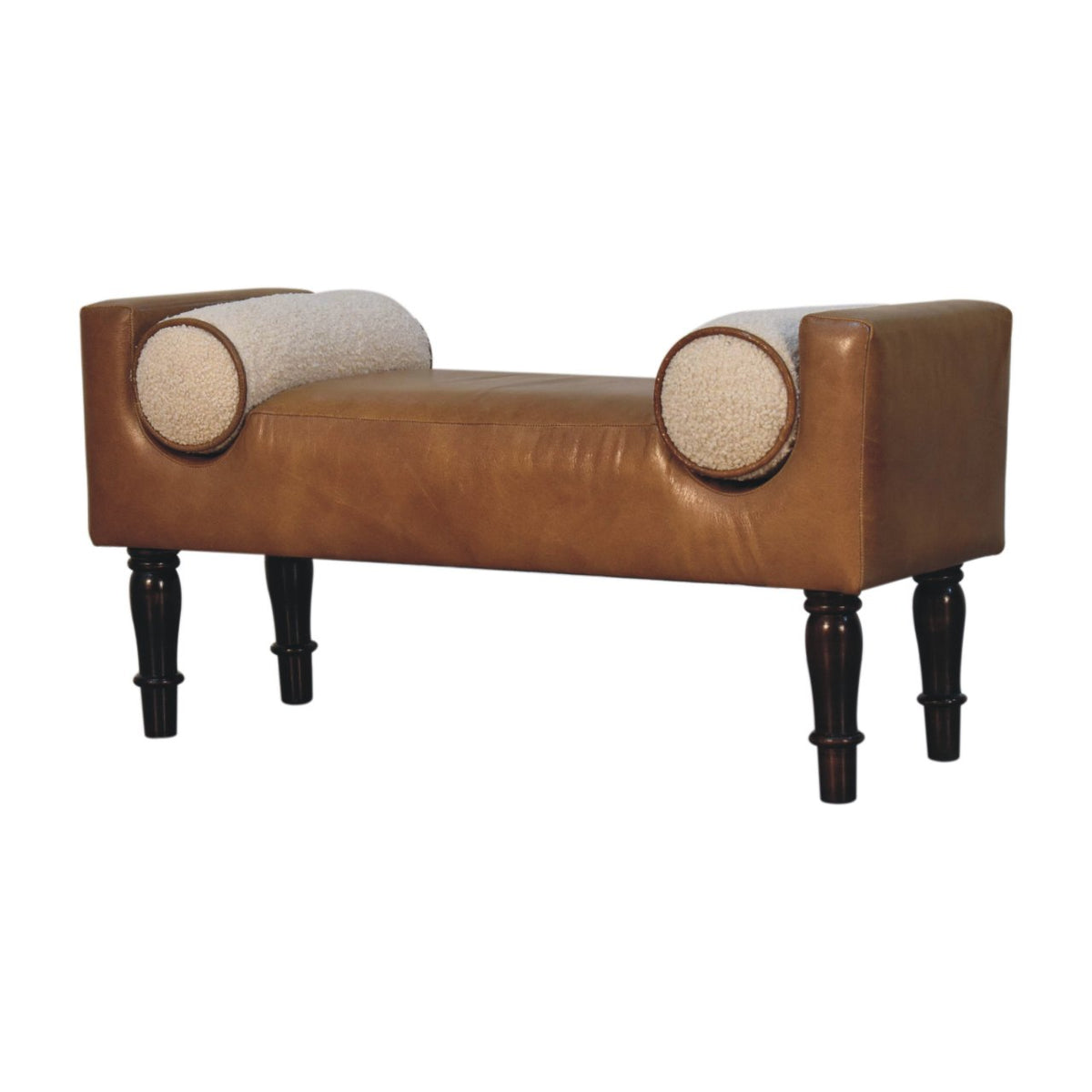Sutton Buffalo Leather Bench with Round Bouclé Cushions
