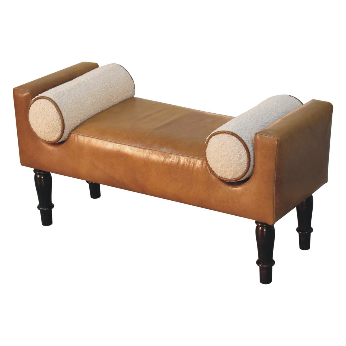 Sutton Buffalo Leather Bench with Round Bouclé Cushions