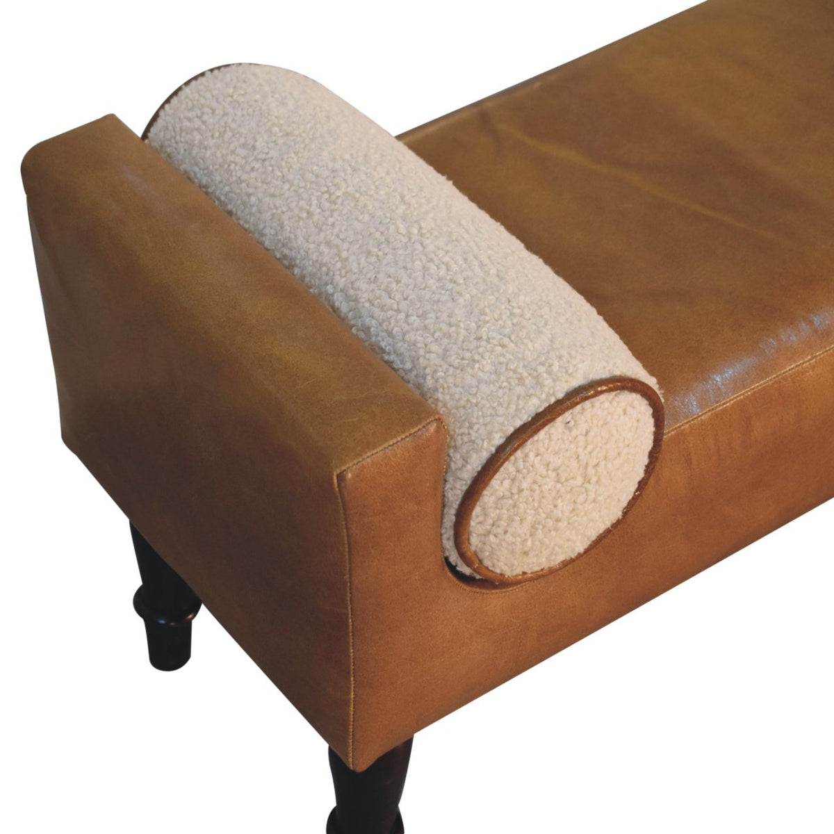 Sutton Buffalo Leather Bench with Round Bouclé Cushions