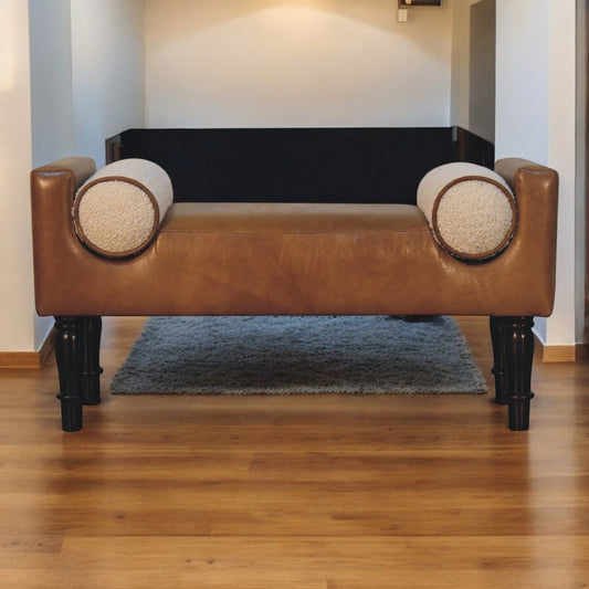 Sutton Buffalo Leather Bench with Round Bouclé Cushions