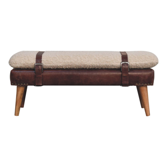 Bouclé Montauk Mahogany Leather Belted Solid Wood Bench