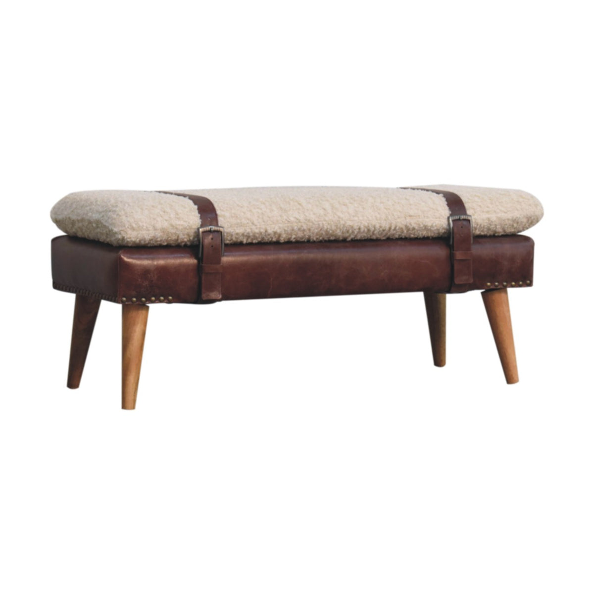 Bouclé Montauk Mahogany Leather Belted Solid Wood Bench