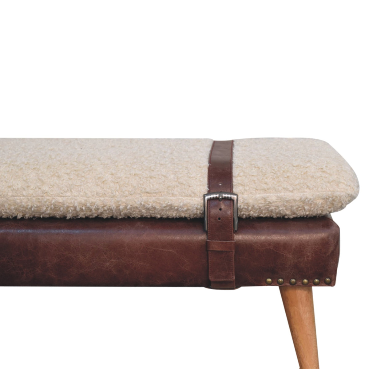 Bouclé Montauk Mahogany Leather Belted Solid Wood Bench