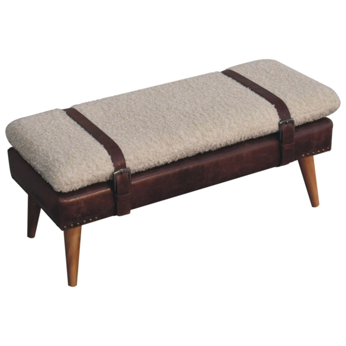 Bouclé Montauk Mahogany Leather Belted Solid Wood Bench