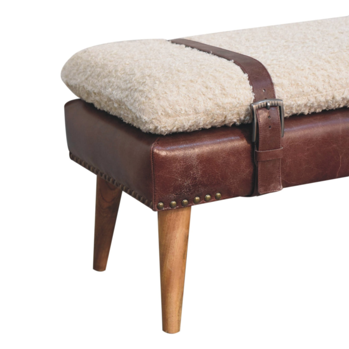 Bouclé Montauk Mahogany Leather Belted Solid Wood Bench