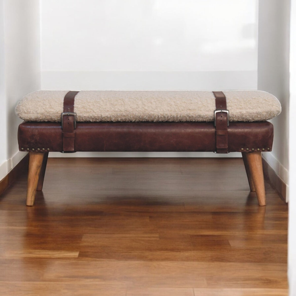 Bouclé Montauk Mahogany Leather Belted Solid Wood Bench