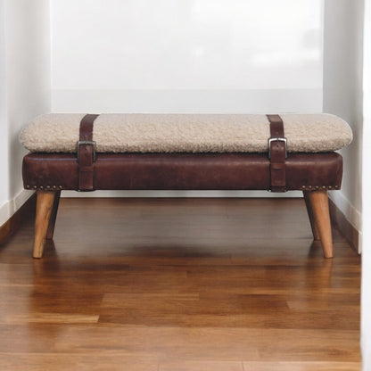 Bouclé Montauk Mahogany Leather Belted Solid Wood Bench