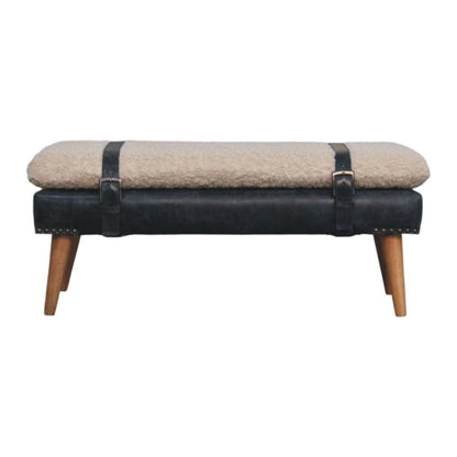 Bouclé Montauk Olive Leather Belted Solid Wood Bench