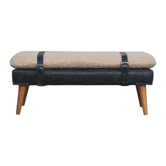 Bouclé Montauk Olive Leather Belted Solid Wood Bench