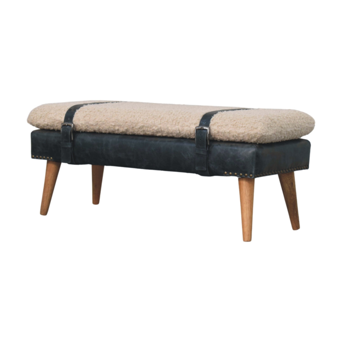 Bouclé Montauk Olive Leather Belted Solid Wood Bench