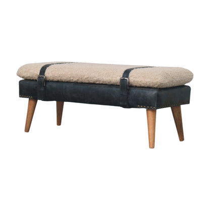 Bouclé Montauk Olive Leather Belted Solid Wood Bench