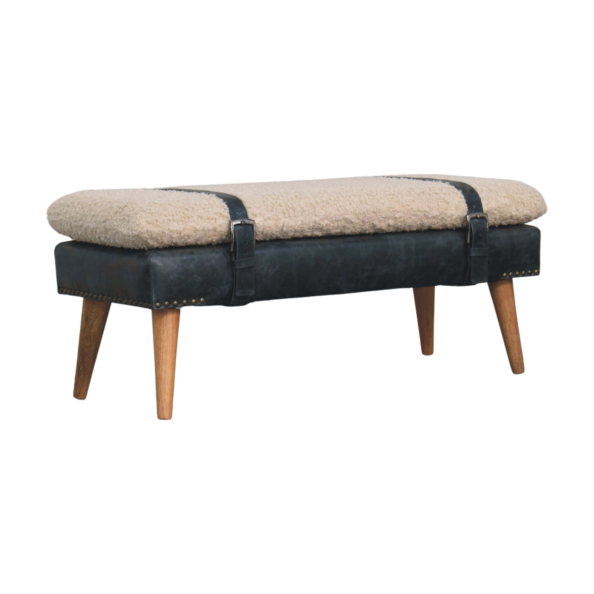 Bouclé Montauk Olive Leather Belted Solid Wood Bench