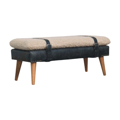 Bouclé Montauk Olive Leather Belted Solid Wood Bench