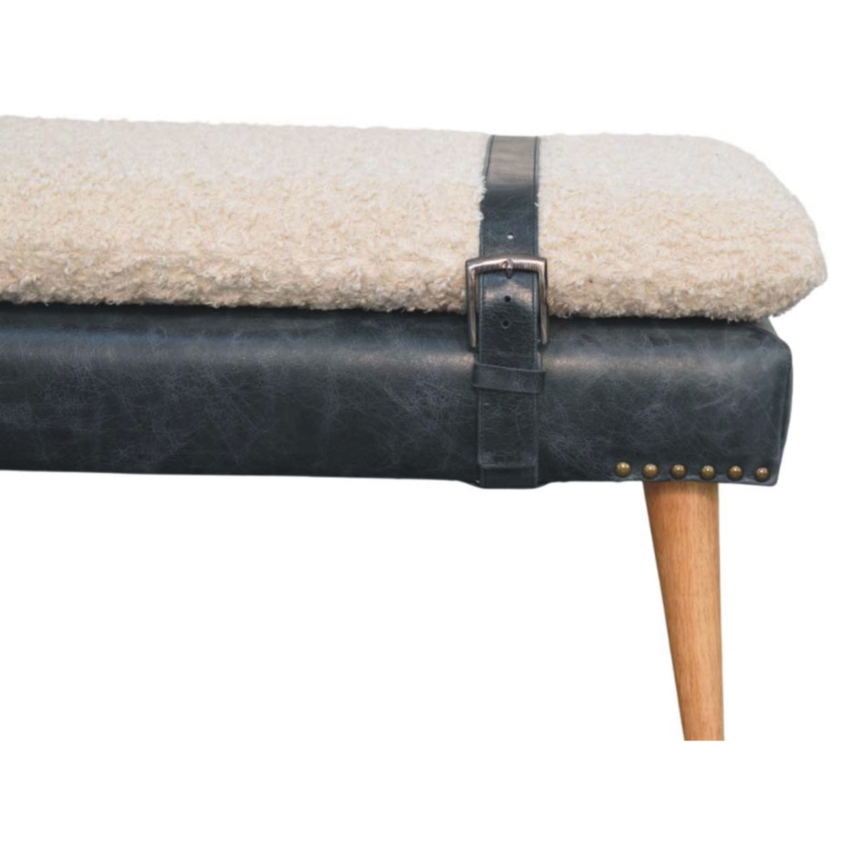Bouclé Montauk Olive Leather Belted Solid Wood Bench