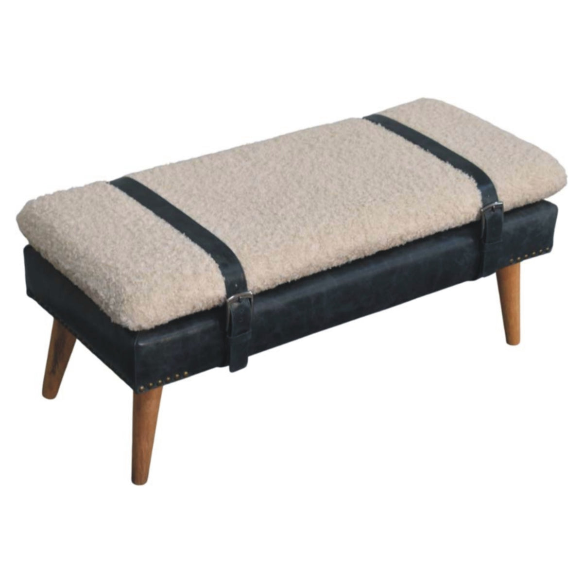Bouclé Montauk Olive Leather Belted Solid Wood Bench