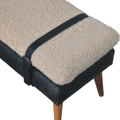Bouclé Montauk Olive Leather Belted Solid Wood Bench
