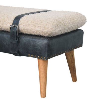 Bouclé Montauk Olive Leather Belted Solid Wood Bench