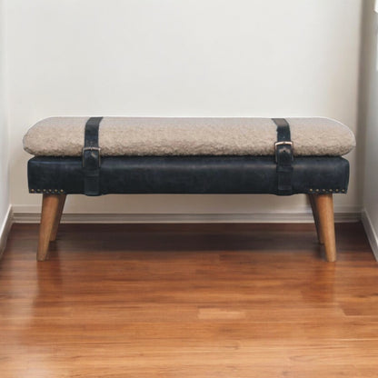 Bouclé Montauk Olive Leather Belted Solid Wood Bench