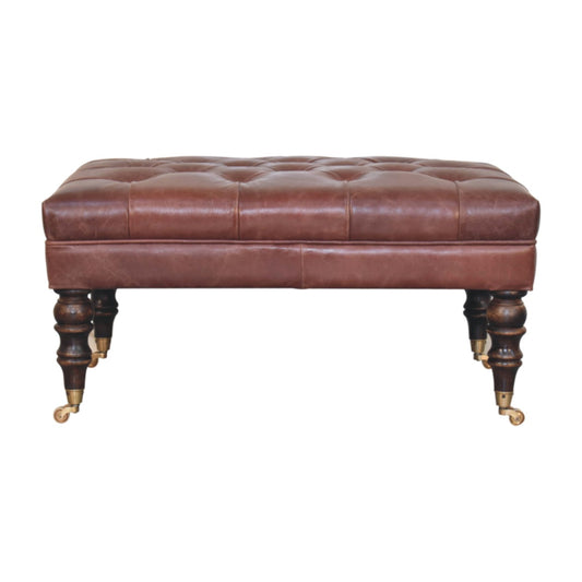 Sutton Buffalo Leather Brown Tufted Ottoman with Castor Legs