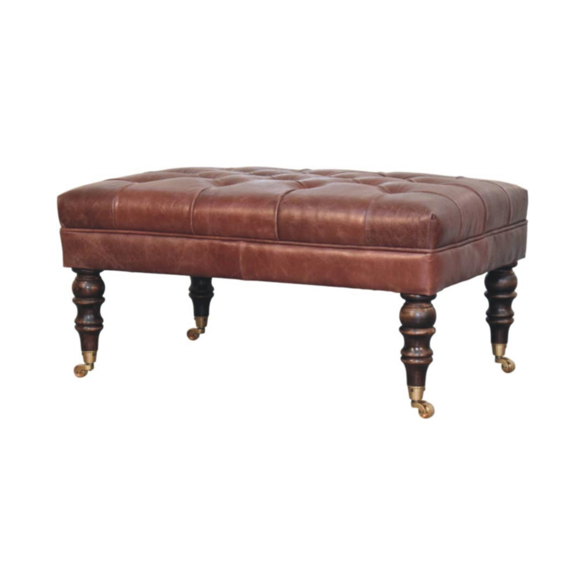 Sutton Buffalo Leather Brown Tufted Ottoman with Castor Legs