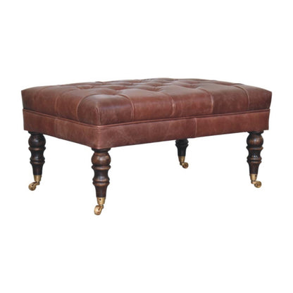 Sutton Buffalo Leather Brown Tufted Ottoman with Castor Legs