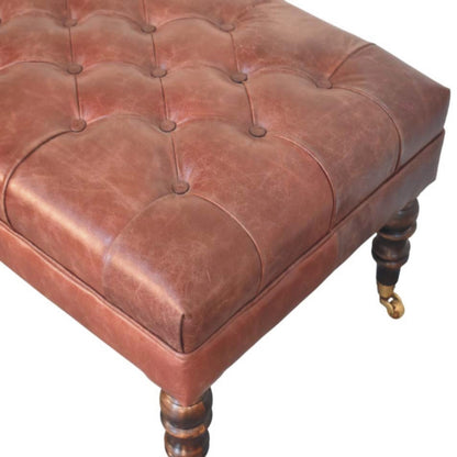 Sutton Buffalo Leather Brown Tufted Ottoman with Castor Legs