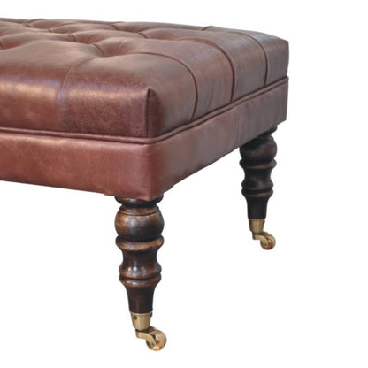 Sutton Buffalo Leather Brown Tufted Ottoman with Castor Legs