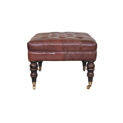 Sutton Buffalo Leather Brown Tufted Ottoman with Castor Legs